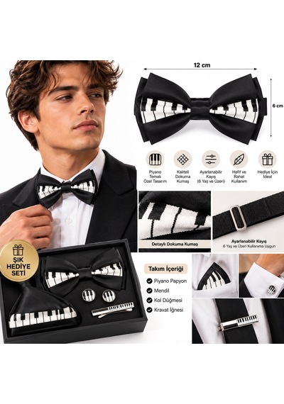 Herşeynota Piyano Tuşları Desenli Papyon Siyah Beyaz Ayarlanabilir Müzik Temalı Unisex Papyon Diğer