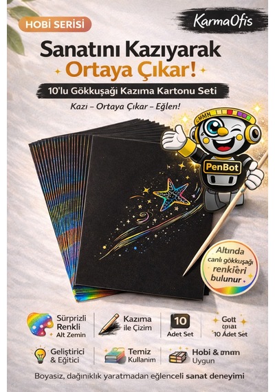 Gökkuşağı Kazıma Kartonu 10 Lu Scratch Art Çizim Kağıdı, Çocuklar İçin Eğlenceli&eğitici Aktivite