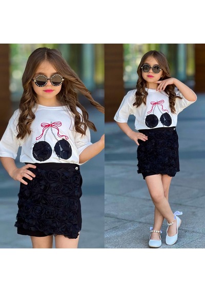 Bam Bam Kiraz Baskılı Güllü Etekli Kız 2 Li Takım 3-10 Yaş -32079350 - Siyah