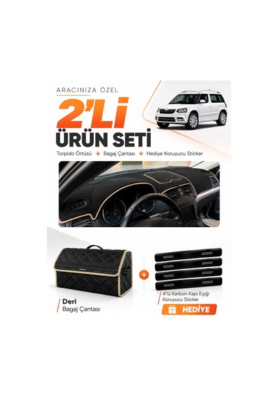 E-biz Skoda Yeti 2012-2018 Uyumlu Torpido Örtüsü + Deri Bagaj Çantası Seti - Siyah-bej - Sk013
