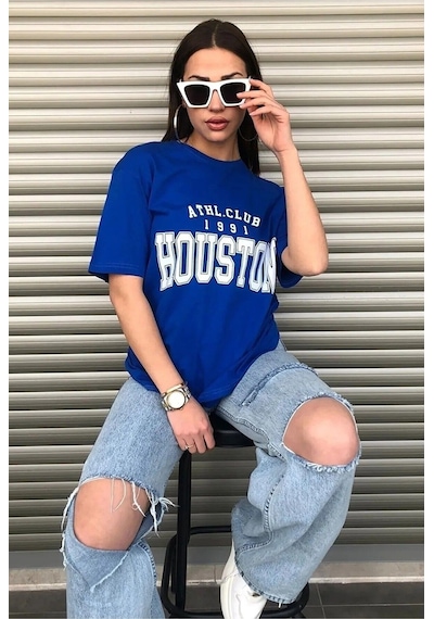 Hırsch Kadın Mavi Oversize Bisiklet Yaka Houston Baskılı T-shirt Mavi