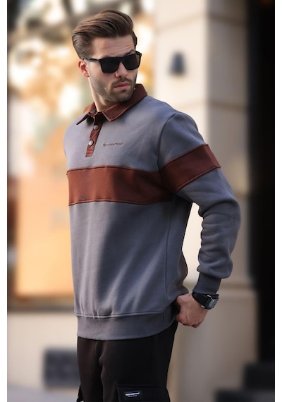 Madmext Füme Polo Yaka Renk Bloklu Erkek Sweatshirt 7072 Füme