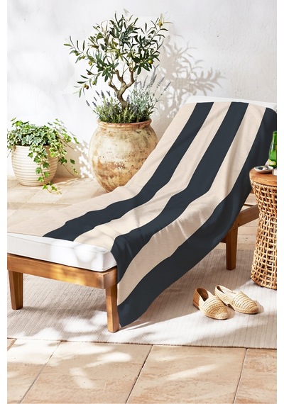 Çizgili Siyah Bej Modern Plaj Havlusu - Minimalist Resort Stil Hızlı Kuruyan Mikrofiber Havlu Puslu Dalgası