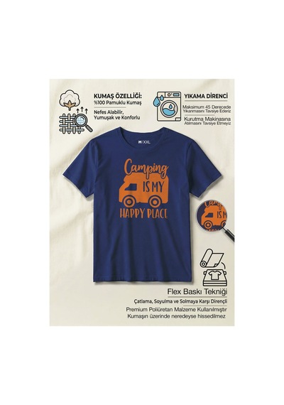 North Whiskers "camping Is My Happy Place" Karavan Baskılı %100 Pamuklu Lacivert Kamp Tişörtü Lacivert - 875670158 Lacivert - 875670158 Lacivert