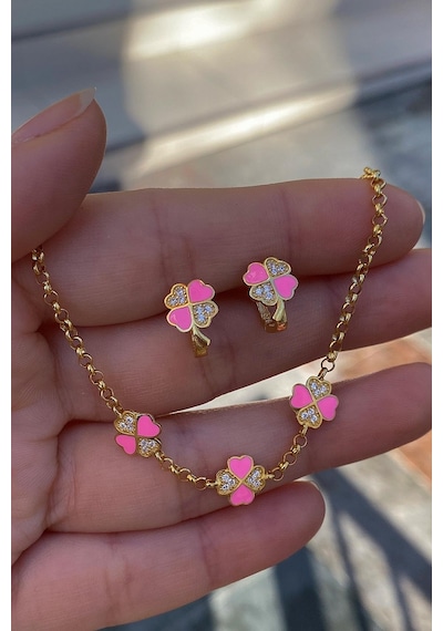 Gümüş Pembe Çocuk Yonca Küpe Bileklik Takım Diğer