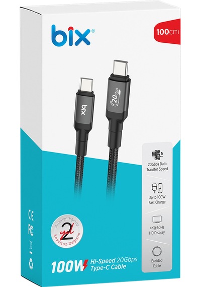 Bix BX07CC 100W 20 GBPS  Şarj Data Ve Görüntü Kablosu Siyah