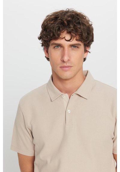 AC&Co / Altınyıldız Classics Erkek Bej %100 Pamuk Slim Fit Dar Kesim Polo Yaka Jakarlı Triko Tişört Bej