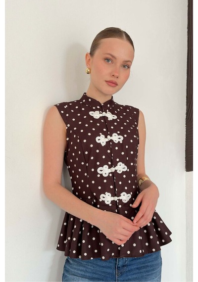 Verymoda Çin Düğmeli Puantiyeli Bluz D3074 Kahve