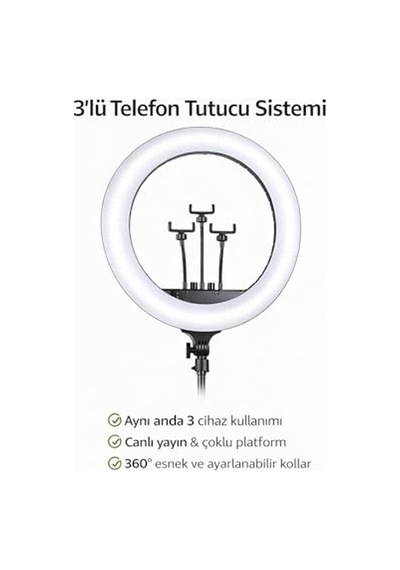 21 İnç 54 Cm Profesyonel Ring Light 210 Cm Ayarlanabilir Tripodlu, 3'lü Telefon Tutuculu, 3 Işık Modlu, Parla