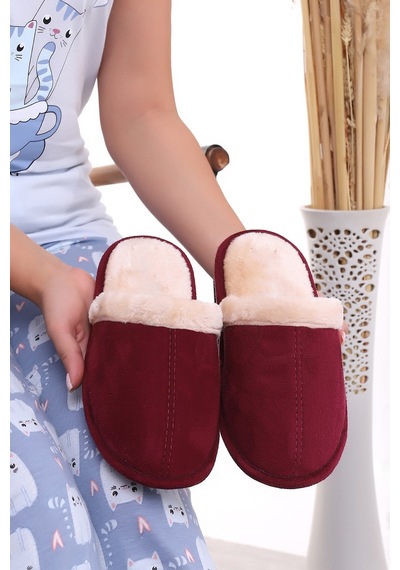 Wordex U050 Unisex Kışlık Ev İçi Terliği Kürklü Yünlü Terlik Bordo