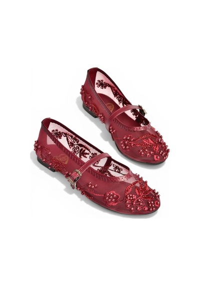 Fox Shoes Y726330115 Bordo İnci Detaylı File Kadın Babet