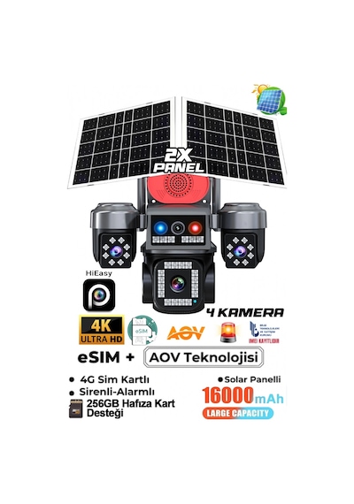 Hieasy App 4 Kamera 12mp 4k Aov Esim 4g Gece Renkli Görüş İnsan Takibi Solar Ptz Akıllı Kamera
