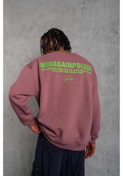 Erkek Bisiklet Yaka Baskılı 3 İplik Pamuklu Sweatshirt - Gül Kurusu Gülkurusu