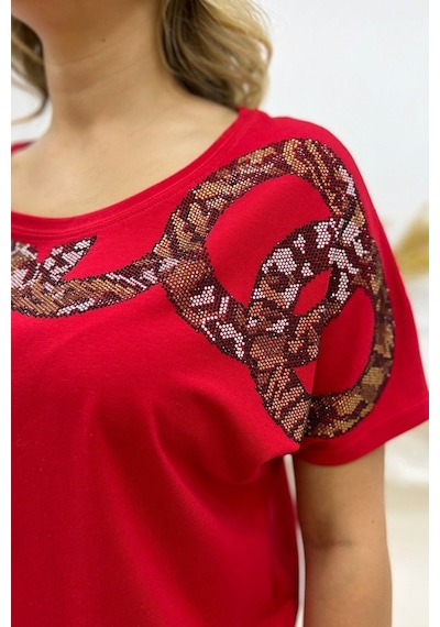 Rich Glam Bol Kalıp Leopar Crystal Taşlı Büyük Beden Kırmızı Şık Rahat Kadın T-shirt Kırmızı