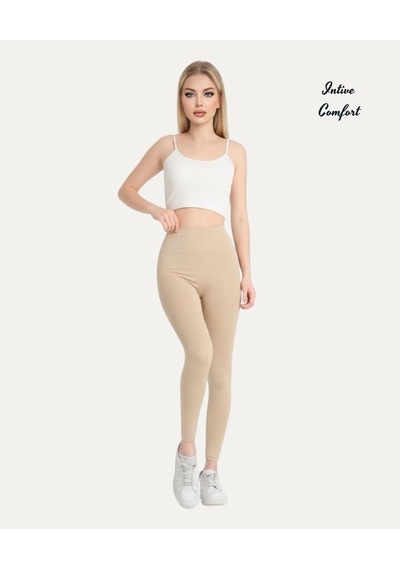 Intive Comfort Premium Dalgıç Kumaş Arka Bel Logo Detaylı Toparlayıcı Yüksek Bel Tayt Bej