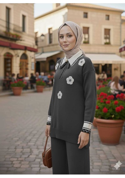 Sayzen Your Shine Gömlek Yaka Broşlu Alt-üst 2'li Triko Takim Sdnz-2501 Gri