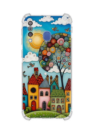 Printify Samsung Galaxy M30 İle Uyumlu Düşlerin Dansı Serisi Gökyüzü Şehri Tasarımlı Uv Baskılı Köşe Korumalı Antişok Kılıf Şeffaf