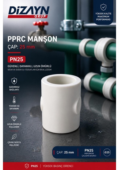 Dizayn Pprc Manşon 25 Mm 100 Adet Pn25 Temiz Su Tesisat Ek Parçası