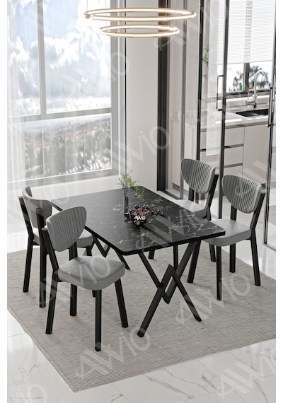 Avvio Pedra Elma Sandalye 80x120 Yemek Masası Mutfak Masası 4 Kişilik Masa Sandalye Takımı Siyah Mermer