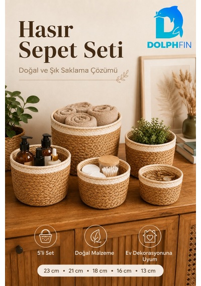 5 Li Hasır Sepet Seti Çok Amaçlı Dekoratif Düzenleyici Organizer Saksı Kılıfı