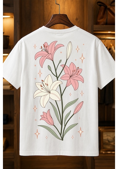 Spoyi Soft Lily Tasarımlı %100 Pamuk Yarım Oversize Beyaz T-shirt