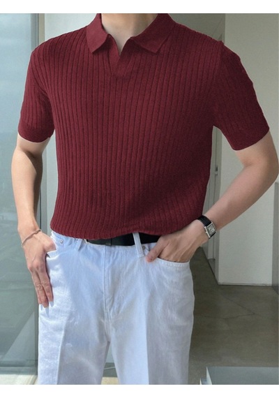 Erkek Fitilli Polo Yaka Triko T-shirt Bordo