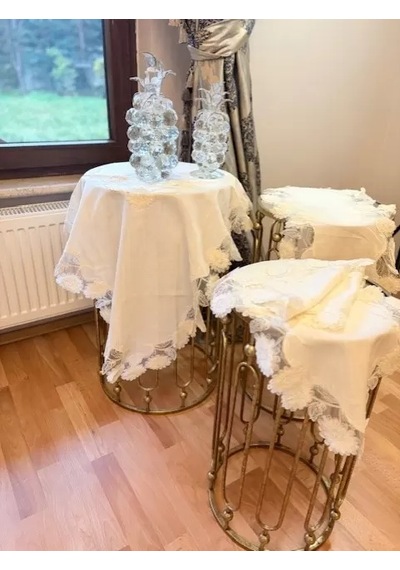 Krem Çeyizlik Flowers Model 5 Parça Keten Dantelli Salon Takımı Runner Seti Çok Renkli