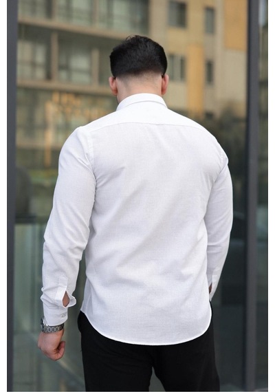 Baselco Premum Dik Yakalı Slim Fit Keten Görünümlü Gömlek Beyaz
