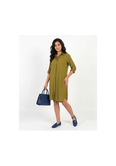 Polologin Butik Yağ Yeşili Düz Kesim Kadın Viskon Gömlek Tunik Haki