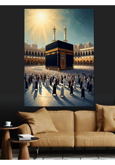 Kabe Etrafında İbadet Eden Müslümanlar Dekoratif Kanvas - Mdf Ahşap Tablo