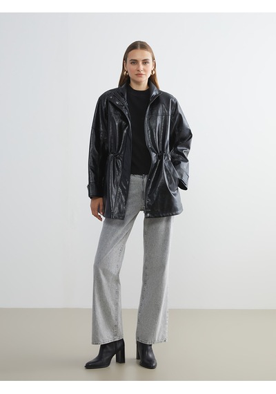 Lcwaıkıkı Classic Siyah Dik Yaka Oversize Kadın Deri Görünümlü Ceket