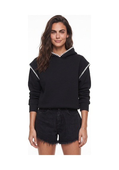 Onloox Kadın Siyah Siyah Pamuklu Kapişonlu Uzun Kollu Rahat Kesim Dantel Detaylı Sweatshirt