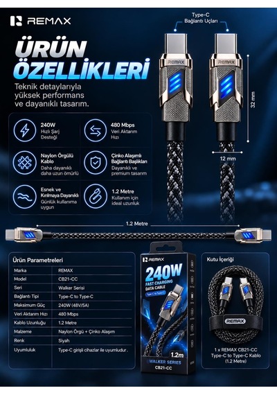 Remax Cb05-cc Bumblebee Serisi 65w Pd Type-c To Type-c Led Işıklı Çinko Alaşımlı Örgülü Hızlı Şarj Ve Data Kablosu 1.2 Metre Siyah