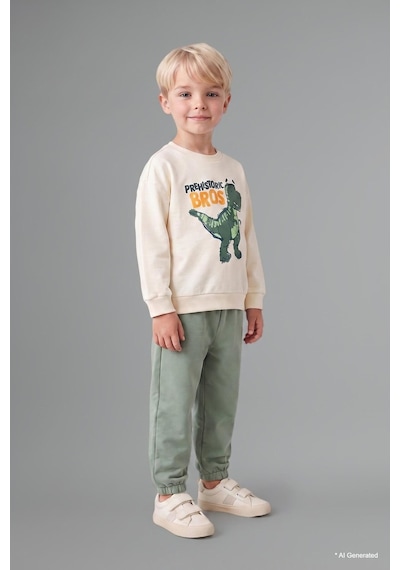 Defacto Dinozor Baskılı Sweatshirt Üst Lastikli Paça Alt 2li Takım Erkek Bebek H8482a526auer118 Ekru-er118