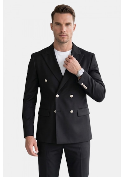 Rizzup Erkek Siyah Slim Fit Kruvaze Takım Elbise Likralı Çizgili Dokulu Metal Düğmeli 2600820 Rizzup Erkek Siyah Slim Fit Kruvaze Takım Elbise Likralı Çizgili Dokulu Metal Düğmeli 2600820