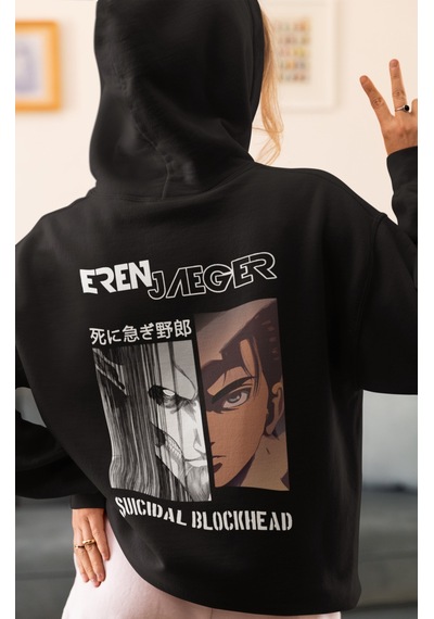 Sevbano Eren Jaeger Attack On Titan Suicidal Blockhead Anime Sırt Baskılı Siyah