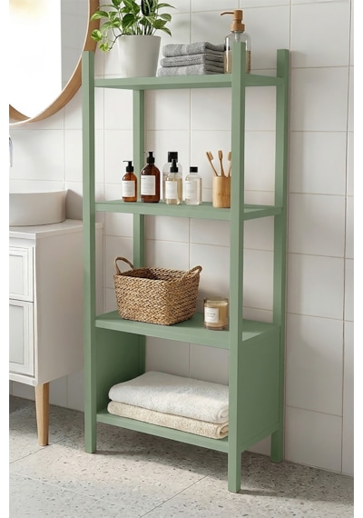 Robin Home Banyo Rafı Düzenleyici Banyo Dolabı 4 Raf Ahşap İskelet 102cm Ihlamur Yeşili Yeşil