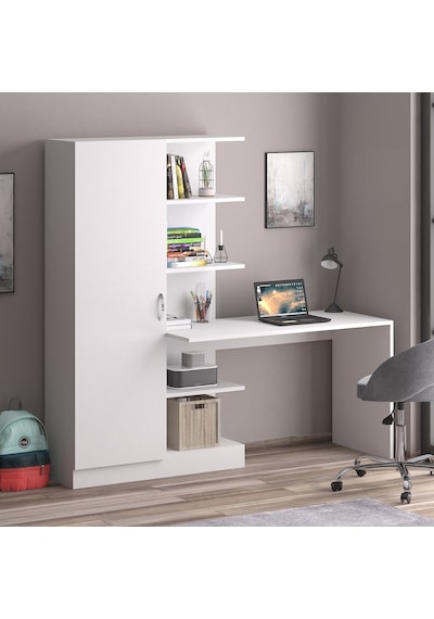 Narin Raflı Kitaplıklı Askılıklı Dolaplı Çalışma Masası Beyaz (Dolap Sol)
