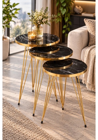Sulorahome Gold Bendir Tel Zigon Sehpa Seti 3'lü Siyah Mermer Desenli