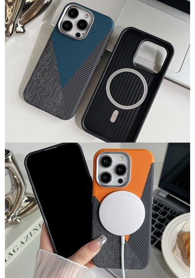 Apple Uyumlu iPhone Akfa 15 Pro Craft Serisi Deri Karbon Ve Kumaş Tasarımlı Lüks Premium Telefon Kılıfı Siyah