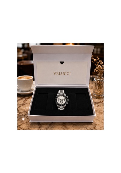 Velucci Birten Çelik Kordon Erkek Kol Saati Beyaz Kadran Tachymeter Sport Analog Gümüş