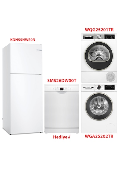 Bosch KDN55NWE0N - WGA25202TR - WQG25201TR - SMS26DW00T Beyaz Eşya 4'lü Set