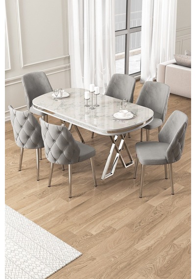 Canisa Afe Serisi 90x168 Lak Panel Beyaz Mermer Desen Krom Ayak Masa Takımı 6 Gri Sandalye Beyaz Mermer Desen Masa Sandalyeler Gri Canisa Afe Serisi 90x168 Lak Panel Beyaz Mermer Desen Krom Ayak Masa Takımı 6 Gri Sandalye Beyaz Mermer Desen Masa Sandalyeler Gri