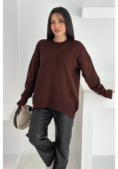 Femelle Kadın Kahverengi Standart Beden Oversize Triko Kazak - 357bnd