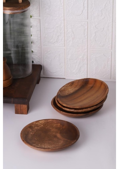 Akasya Tabak - Yuvarlak Servis Pasta Tabağı Meze Tabağı 15 Cm Kahverengi