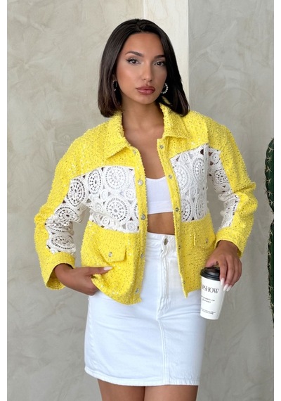 Verymoda Dantel Detatlı Kot Ceket F1758 Sarı