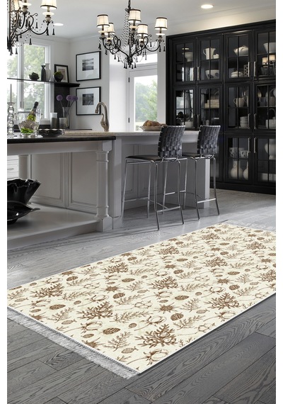 Alanur Home Kaymaz Dijital Mutfak & Salon Halı Star Pamuk Saçaklı Vintage Al5012 Bej