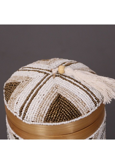 Bali Boncuklu Bambu Saklama Kutusu 12x14 Cm Beyaz