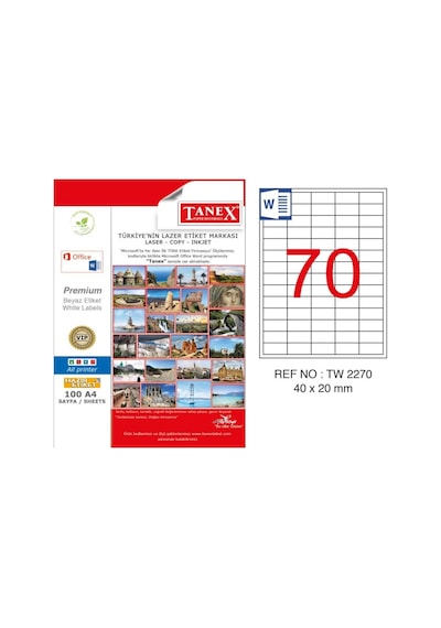 Tanex TW-2270 40x20mm Kuşe Lazer Etiket 100 Lü Paket