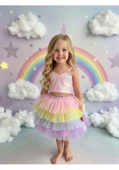 Zekids Kız Çocuk Pullu Crop Tütülü İkili Abiye Takım-17121 Çok Renkli